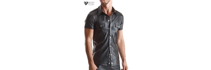 Chemise manches courtes wetlook noire Luca - Regnes