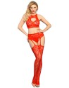 Top brassière et collant jarretelles ouvert rouge